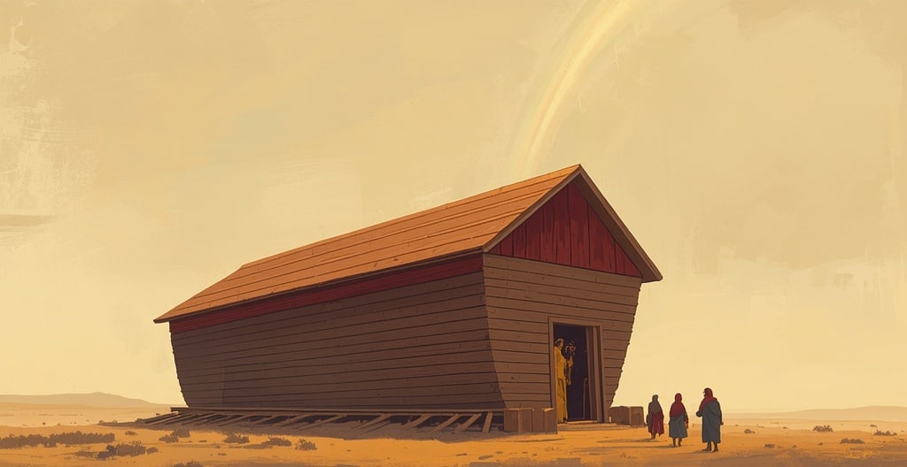 A great wooden ark with its single door open as the first rain falls and a faint rainbow appears