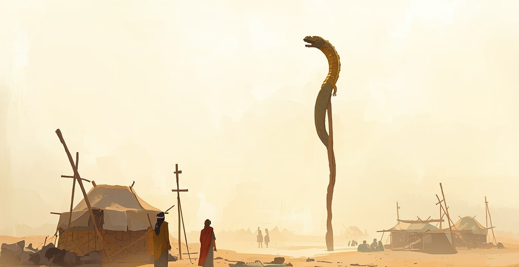 A bronze serpent lifted on a tall pole in a desert camp, with people below looking up