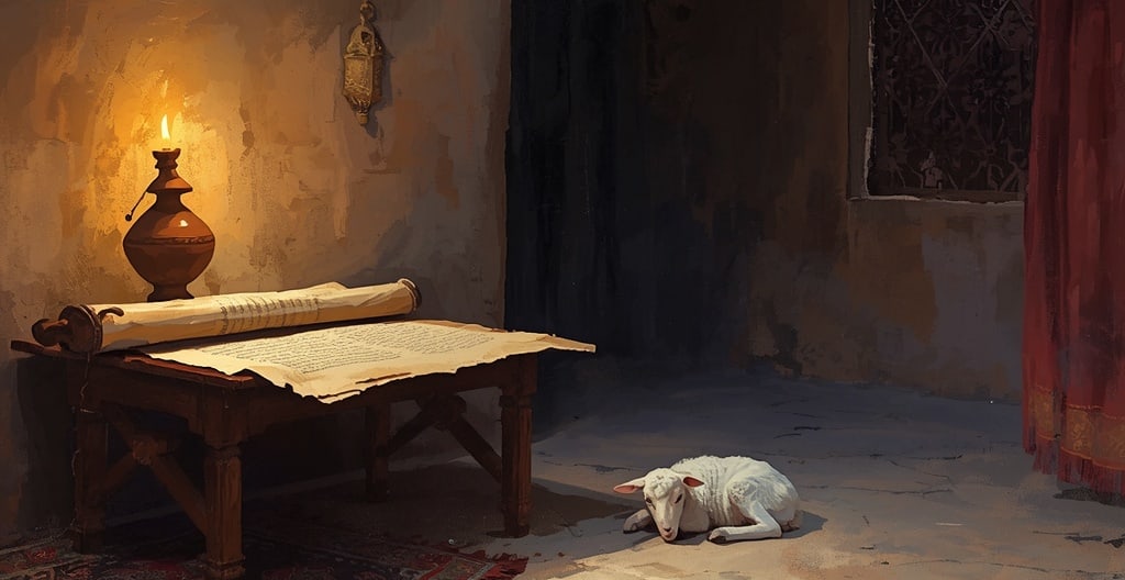 An ancient scroll unrolled on a table beside an oil lamp, a small lamb resting nearby