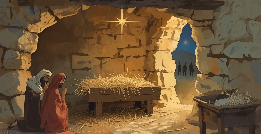 A manger in a stone stable at night with soft light rising from it, a star above the door, shepherds approaching