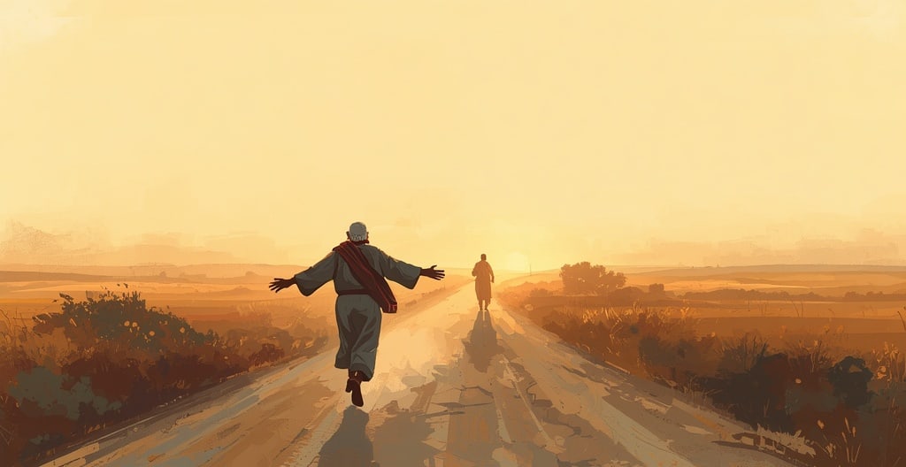 A country road at sunset, an older man running with open arms toward someone walking home, seen from behind