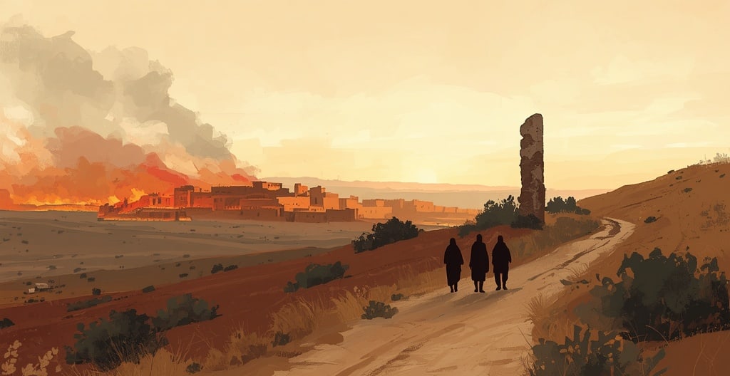 Three figures walk away along a path, leaving a pillar of salt and a burning ancient city behind them