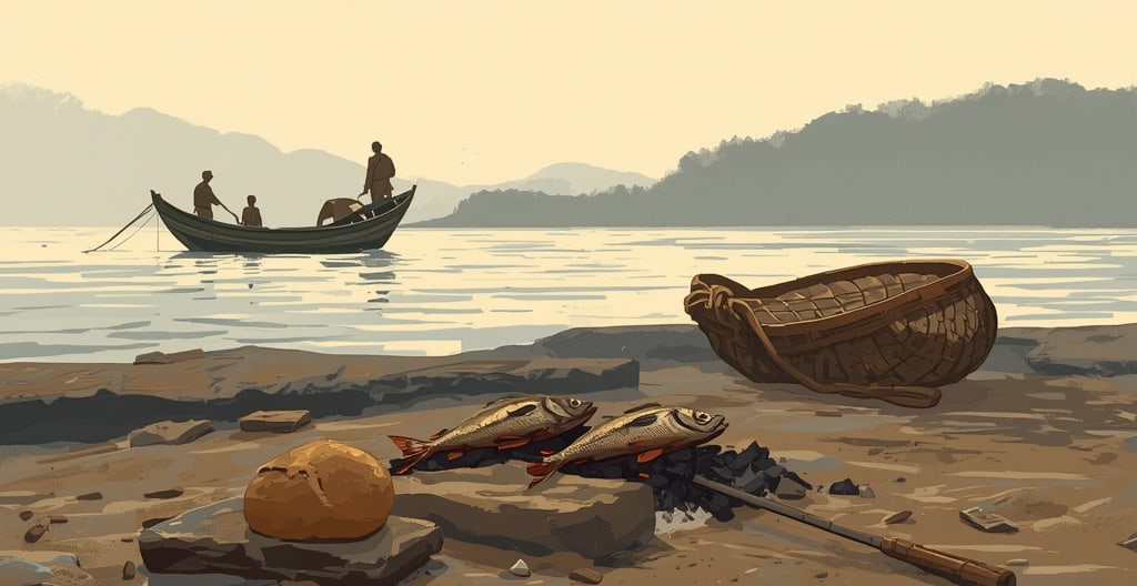 A small charcoal fire with fish and bread on a quiet shore at dawn, with a fishing boat and net in the distance