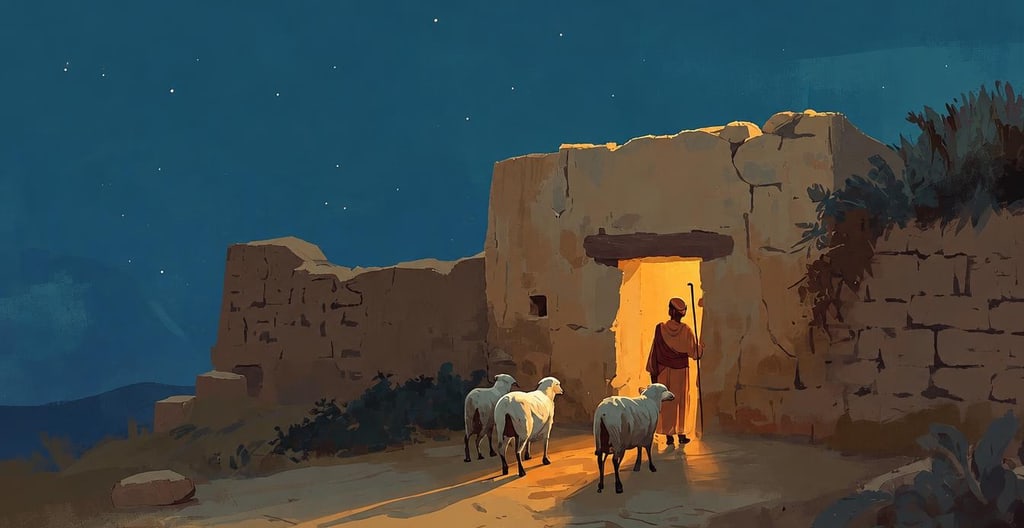A shepherd stands in the lit gateway of a stone sheepfold at night as his sheep walk in one by one under the stars